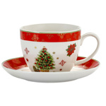 Filiżanka ze spodkiem jumbo Choinki czerwone ranty w pudełku 400ml