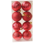 Bombki 8szt 6cm w prążki/ brokat/ pikow. czerwone