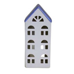 Domek ceramiczny biały na t-light niebieski dach 3 piętrowy lampion świecznik 21cm