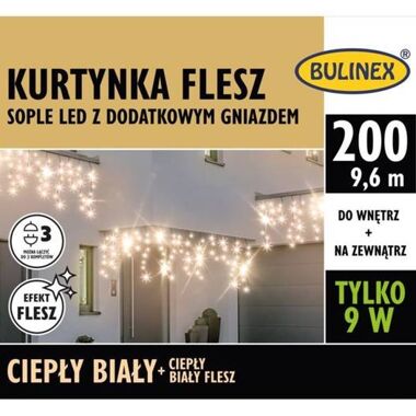 Kurtyna sople 200LED białe ciepłe 9,6m z fleszem