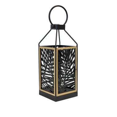 Lampion metalowy czarny ażurowy z drewnianą ramką 38 cm