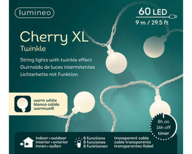 Lampki zewnętrzne/wewnętrzne Cherry 60Led 9m transparentny/ ciepły biały Flesz 8funkcji