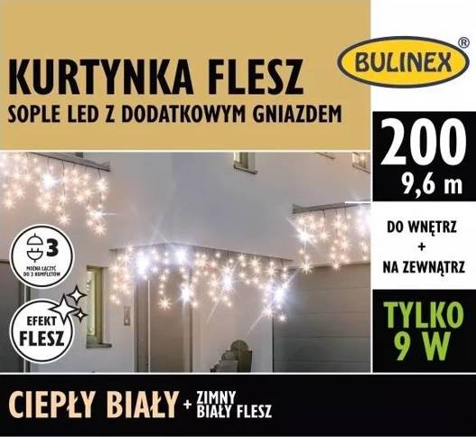 Kurtyna flesz 200LED 9,6m biały zimny i ciepły