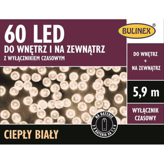 Lampki na baterie 60LED białe ciepłe wyłącznik