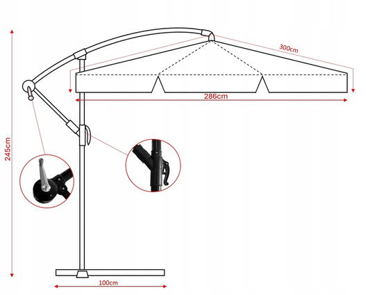 Parasol ogrodowy szary, z LED i pokrowcem Śr: 300cm