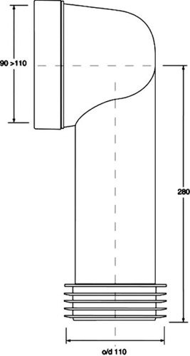 Przyłącze kanalizacyjne długie, L-280mm. Kąt 90